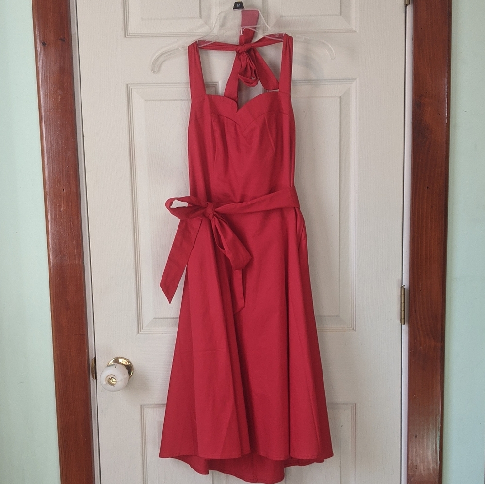 Red halter, dress lace up back, ties at waist